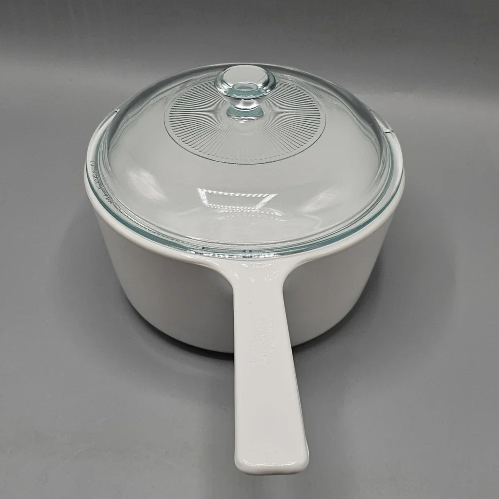 Vintage Corning Ware White 1.5 L Sauce Pan Pot W/ Lid Made In France Pyrex Lid